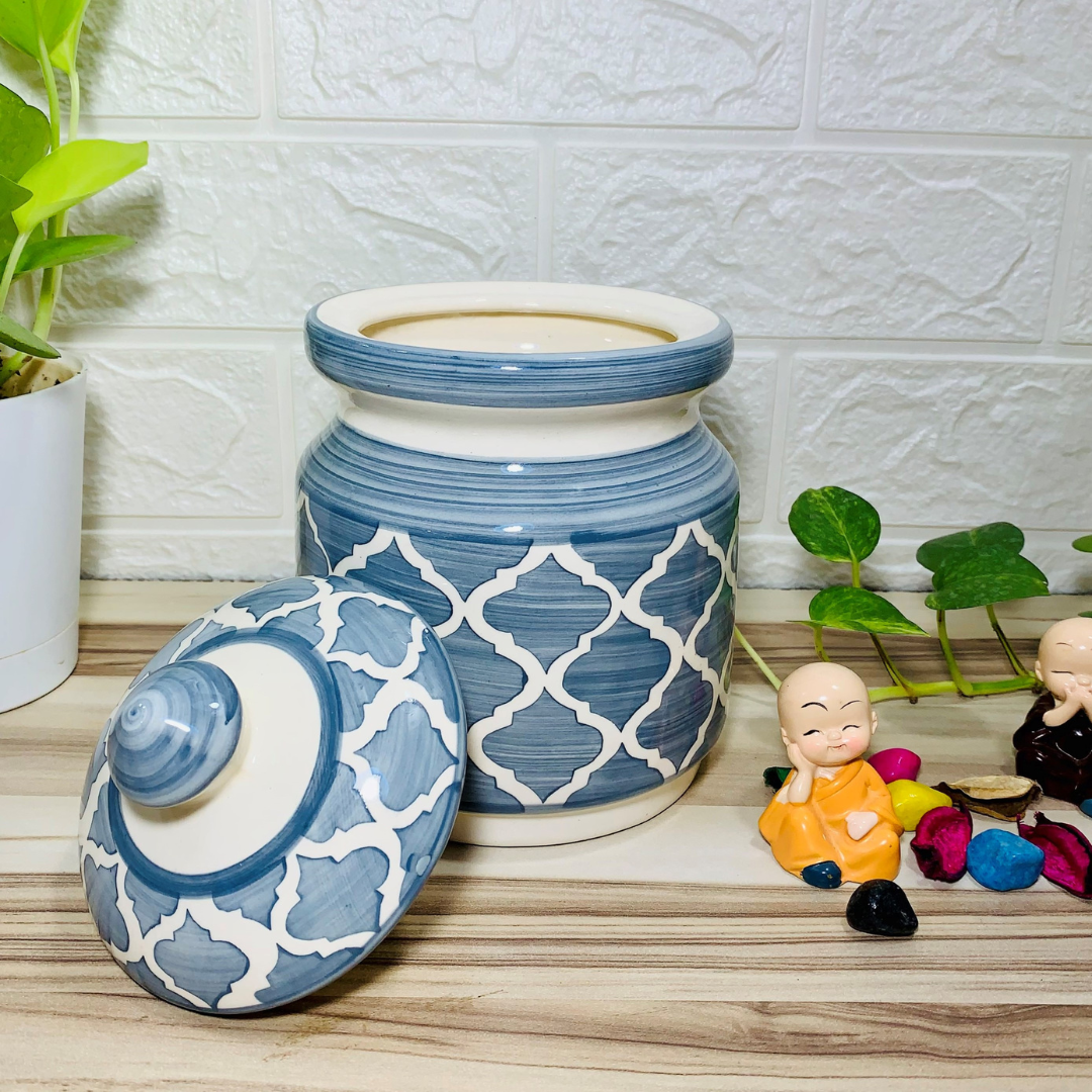Homefrills Multi-Utility Storage Ceramic Jar & Container with Lid/Achar Barni for Storage of Achar/Snacks/Pickle/cookies etc. (1 jars with Lid) Colour-Grey Capacity-1000 ml/1 KG(approx)